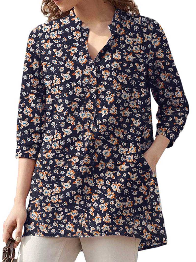 Women 100% Cotton Floral Leisure Bohemian Retro Style V-Neck Side Pockets Blouse dylinoshop