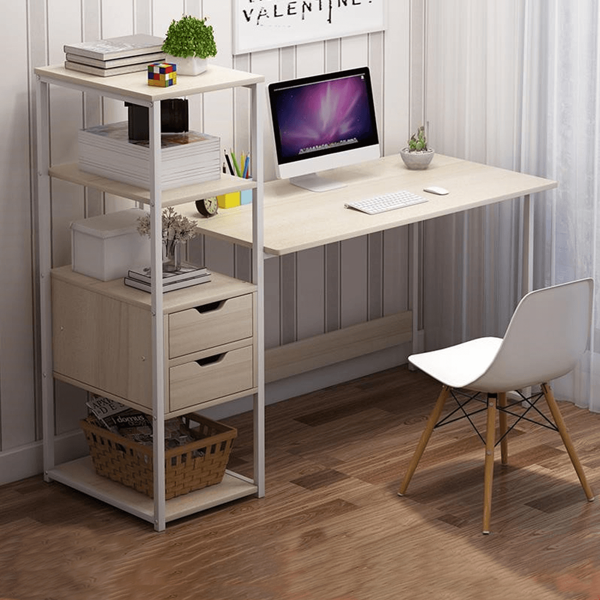 Computer Laptop Desk 47 Inch Writing Study Table Bookshelf Desktop Multifunction Desktop Workstation with Storage Racks & 2 Drawers Home Office Furniture MRSLM