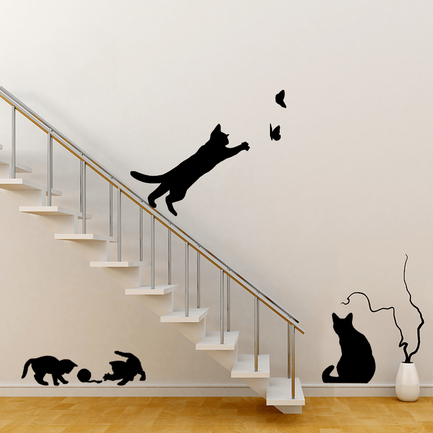 Cat Play Butterflies Wall Sticker Removable Decoration Decals for Bedroom Kitchen Living Room Walls MRSLM