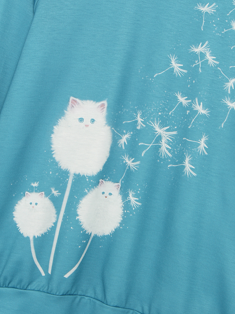 Women Cute Cat Dandelions Print round Neck Long Sleeve Casual Sweatshirt dylinoshop