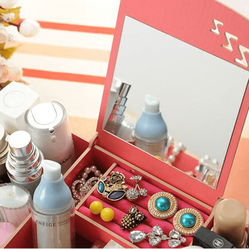 Creative Diy Wooden Cosmetic Storage Box Desktop Storage Container with Mirror Desktop Organizer MRSLM