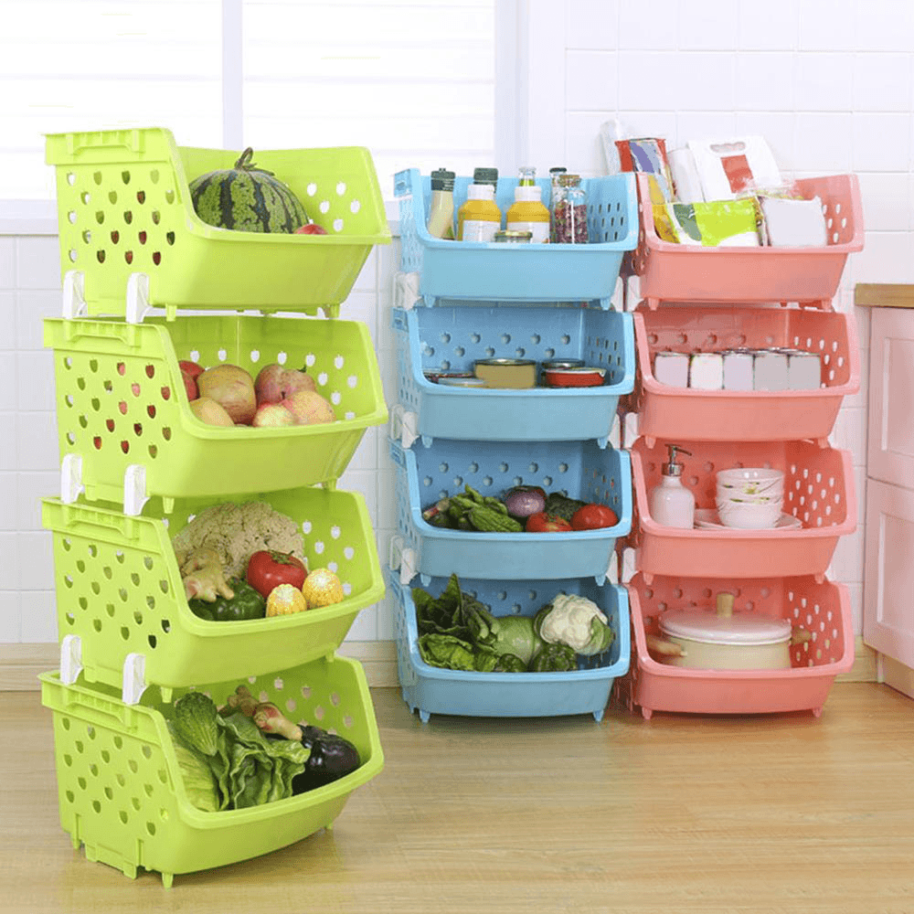 4 Tiers Plastic Stacked Storage Basket Fruit Vegetables Holders Shelf Rack Store for Kitchen Tools MRSLM