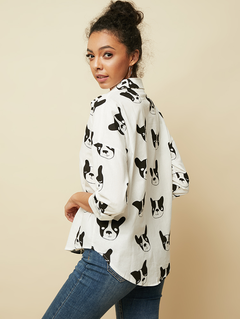 Cartoon Dog Animal Print Button down Long Sleeve Irregular Hem Casual Blouse for Women dylinoshop