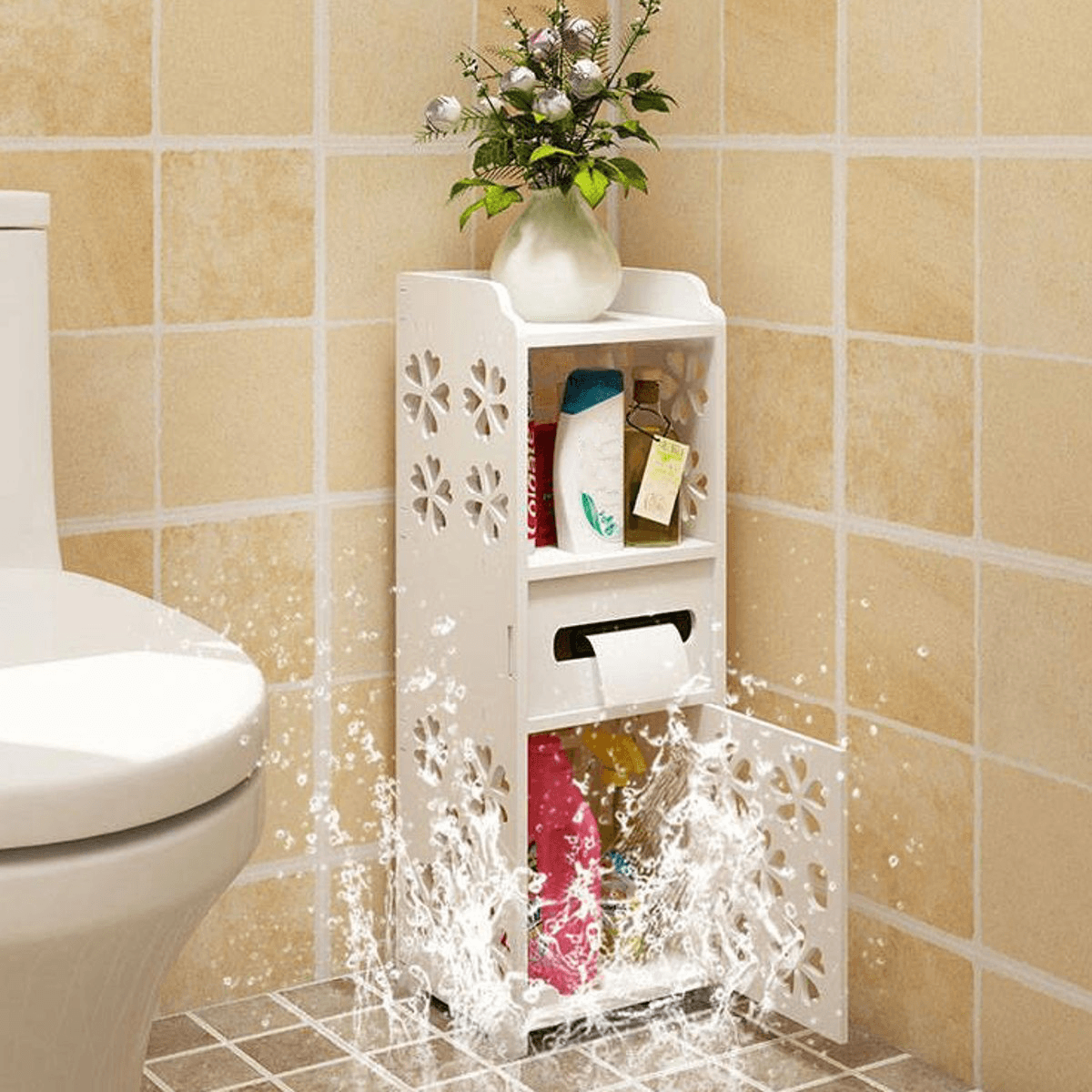 Bathroom Storage Cabinet Floor Standing Washbasin Shower Corner Shelf Waterproof MRSLM