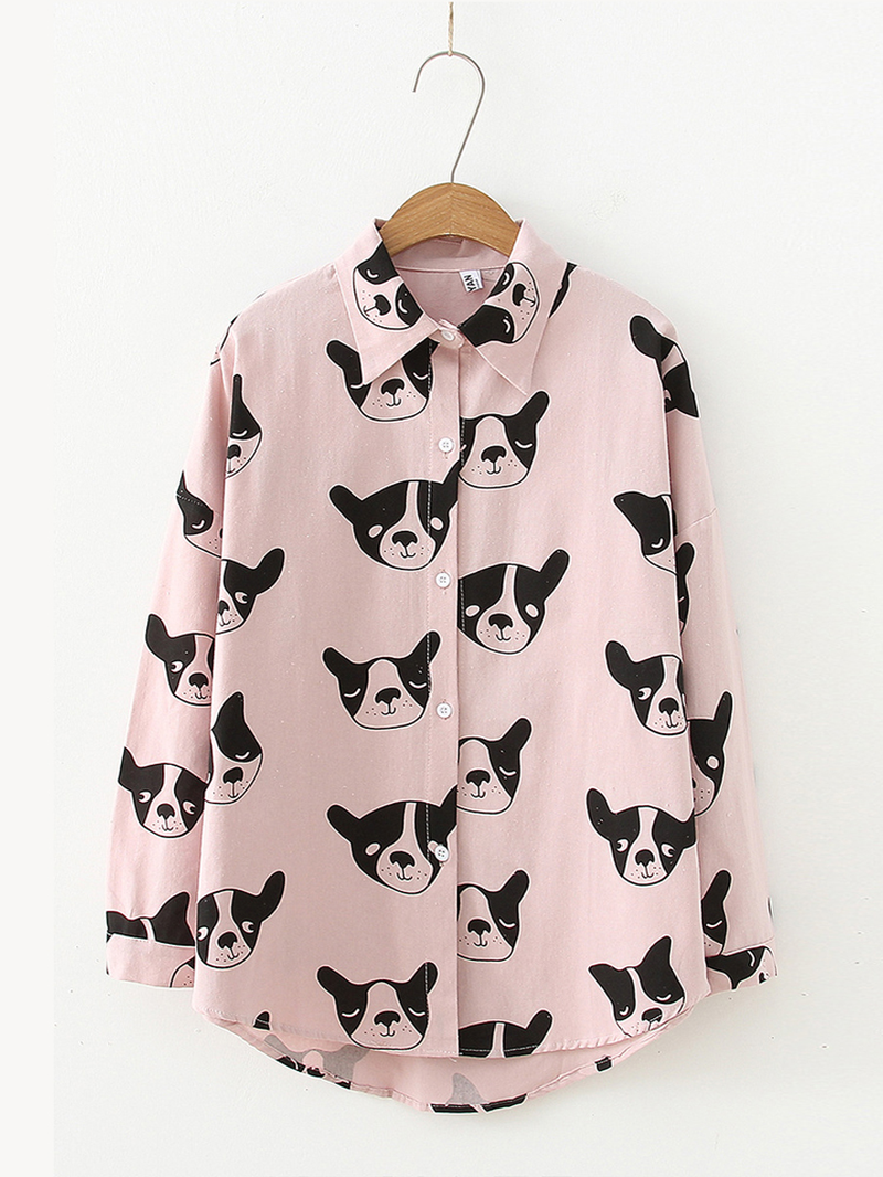 Cartoon Dog Animal Print Button down Long Sleeve Irregular Hem Casual Blouse for Women dylinoshop