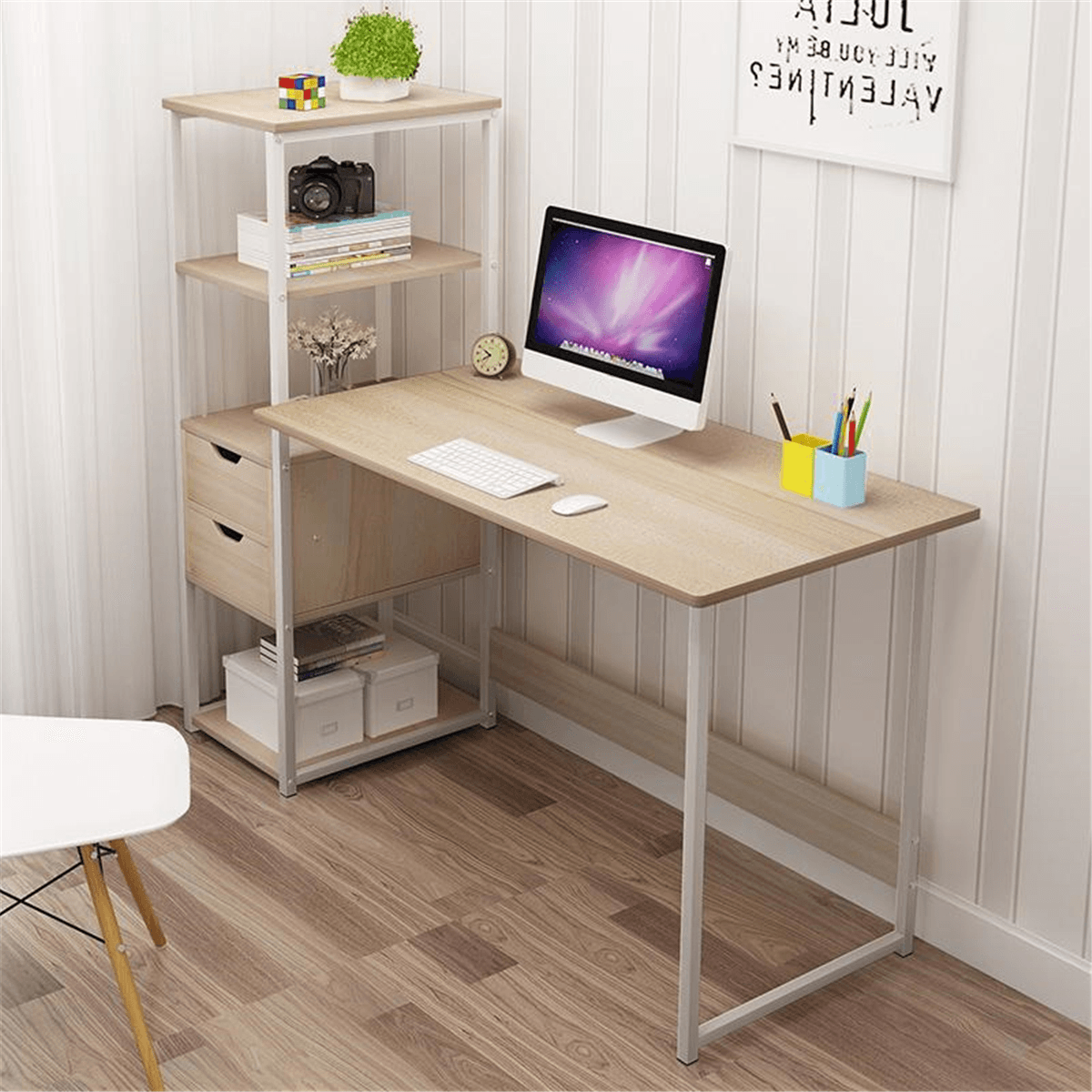 Computer Laptop Desk 47 Inch Writing Study Table Bookshelf Desktop Multifunction Desktop Workstation with Storage Racks & 2 Drawers Home Office Furniture MRSLM