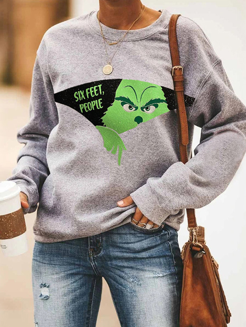 Women Cartoon Print Casual Loose round Neck Pullover Sweatshirt dylinoshop