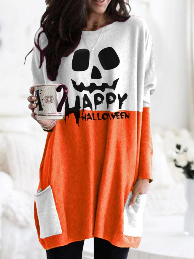 Women Halloween Patchwork Letter Printed Casual Mid-Length Sweatshirts with Pockets dylinoshop