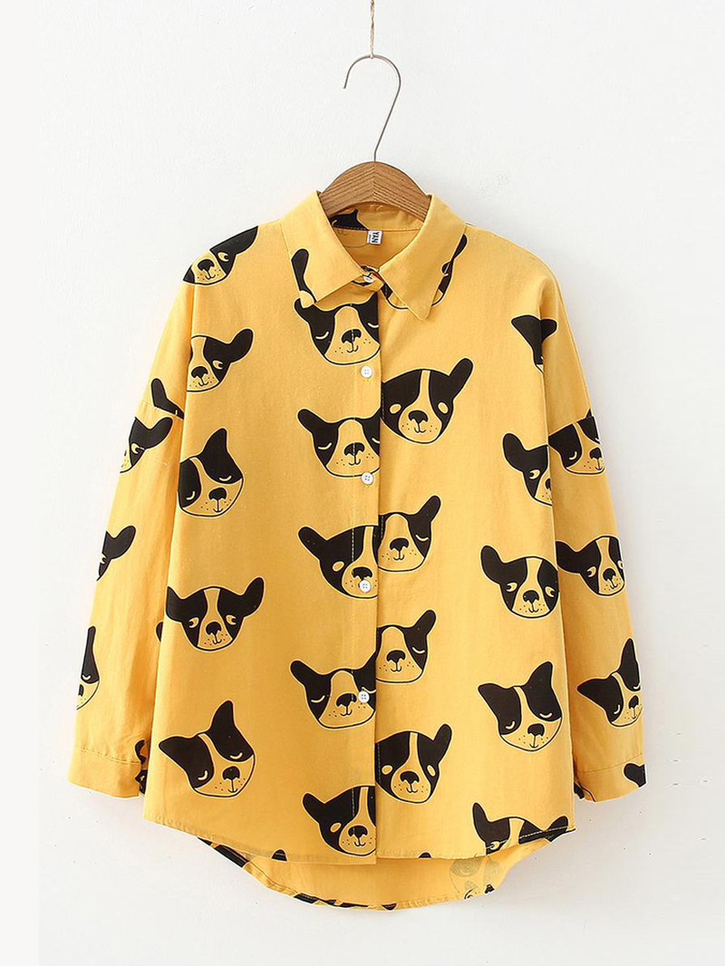 Cartoon Dog Animal Print Button down Long Sleeve Irregular Hem Casual Blouse for Women dylinoshop