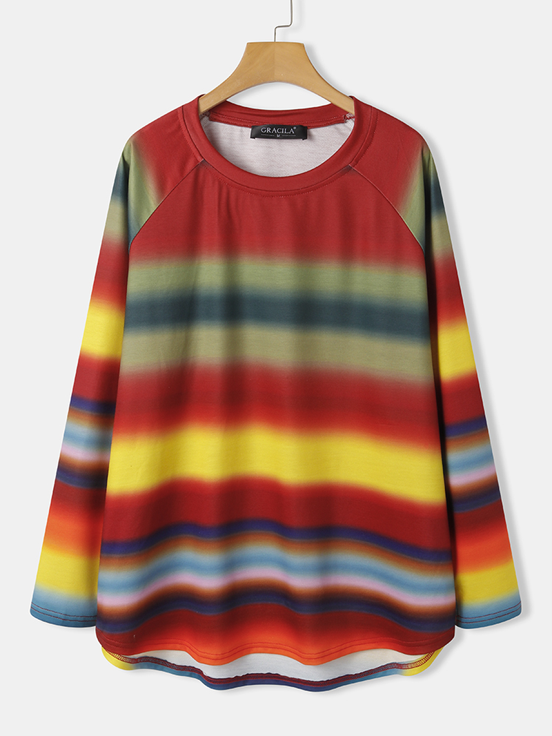 Women Multi Color Ombre Striped O-Neck Raglan Sleeve Casual Sweatshirts dylinoshop