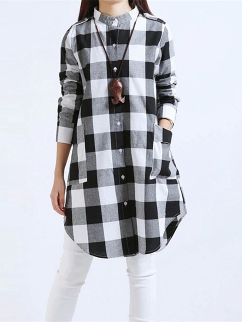 Women Casual Long Sleeve Plaid Loose Pocket Button Long Blouses dylinoshop