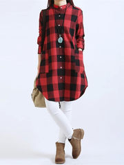 Women Casual Long Sleeve Plaid Loose Pocket Button Long Blouses dylinoshop