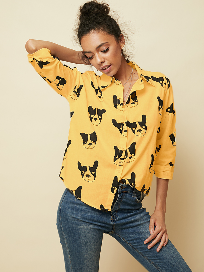 Cartoon Dog Animal Print Button down Long Sleeve Irregular Hem Casual Blouse for Women dylinoshop