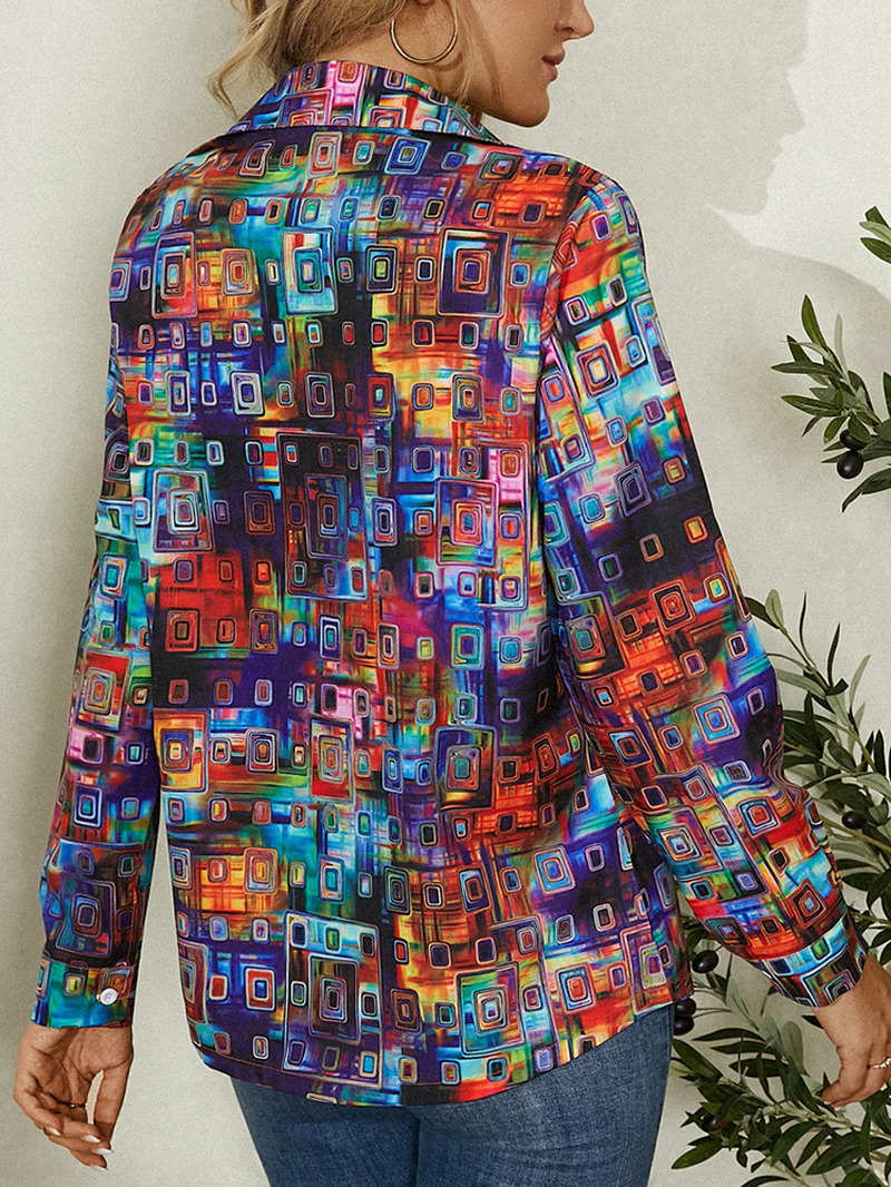 Women Colorful Geometric Printed Button Lapel Long Sleeve Shirt dylinoshop