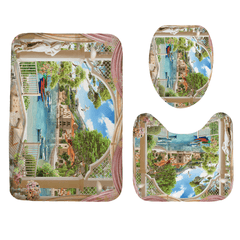 1/3Pcs Bathroom Shower Curtain Mediterranean Sea Printing Set Toilet Cover Mat dylinoshop