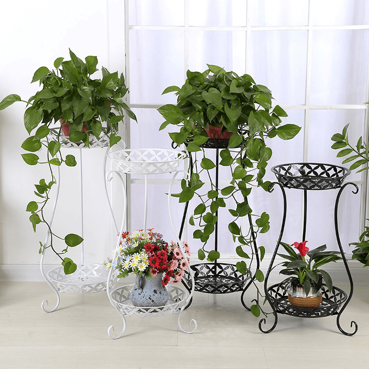 2 Tiers Metal Pot Flower Shelf Plant Stand Rack Display Indoor Outdoor dylinoshop