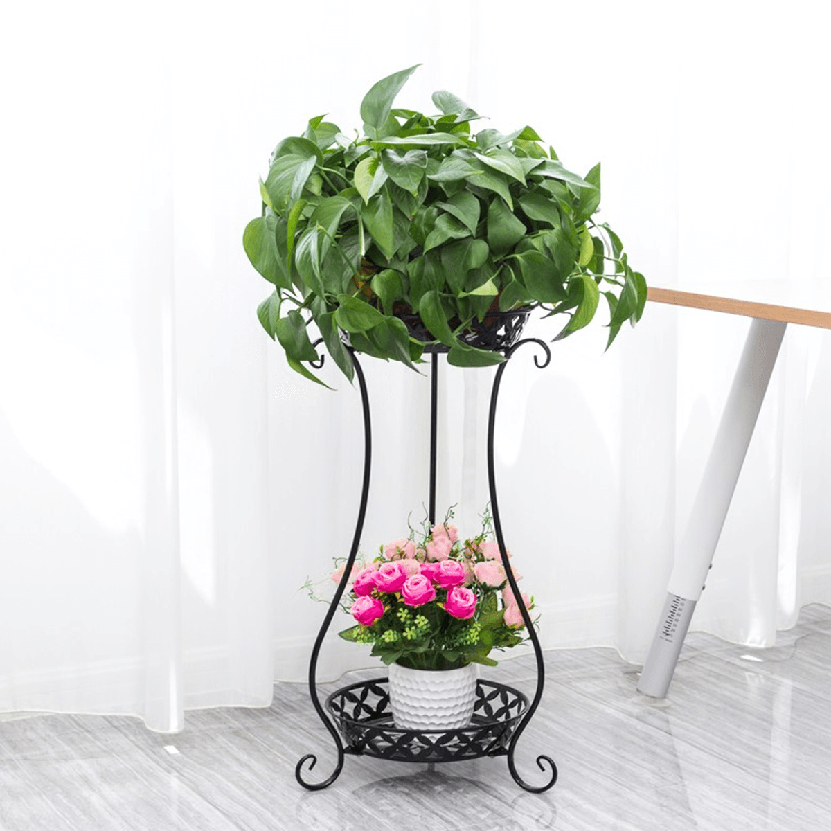 2 Tiers Metal Pot Flower Shelf Plant Stand Rack Display Indoor Outdoor dylinoshop