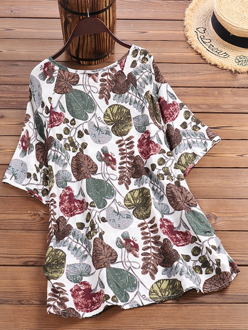 Women Plant Leaf Print round Neck Casual Relaxed Half Sleeve Blouses dylinoshop