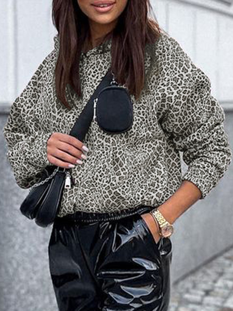 Women Leopard Printed Front Pocket Full Sleeve Hooded Collar Casual Sweatshirt dylinoshop