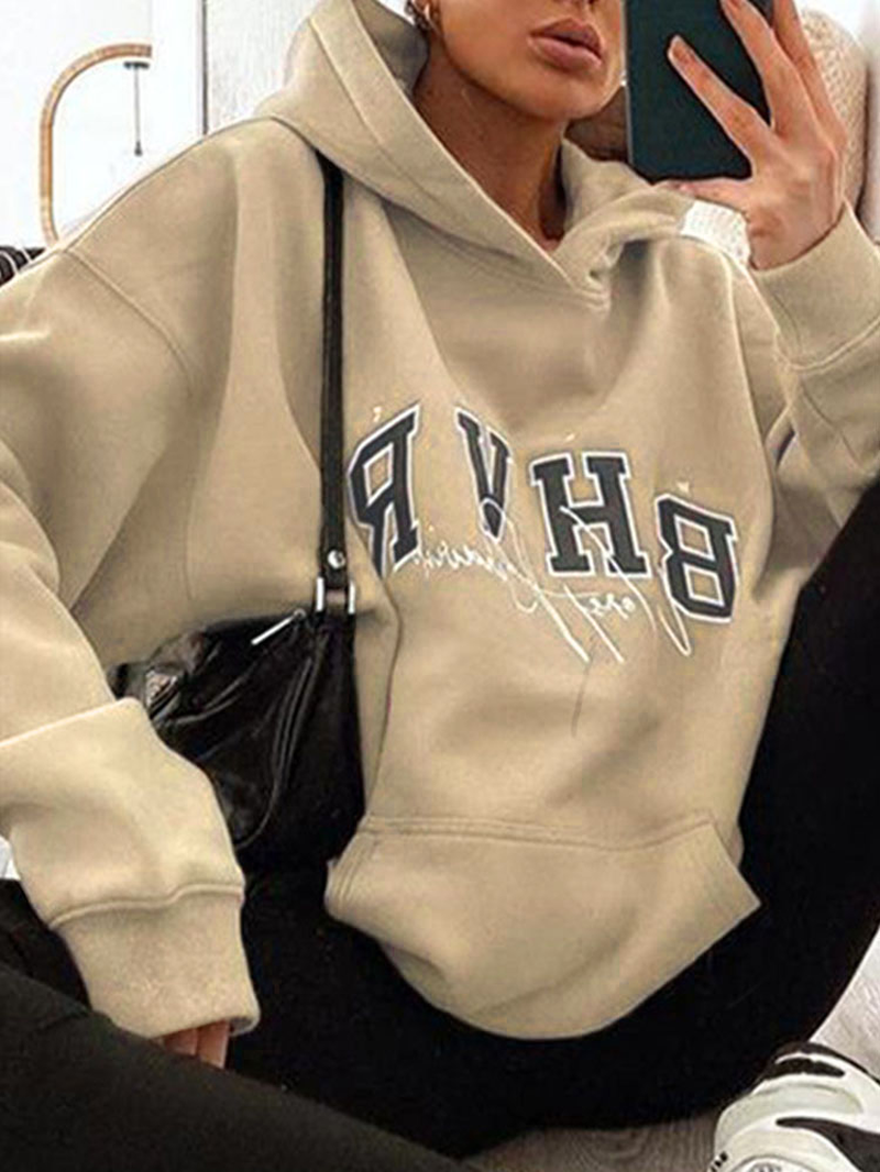 Women Letter Printing Velvets Kangaroo Pocket Cross-Border Warm Long-Sleeved Hooded Sweater dylinoshop