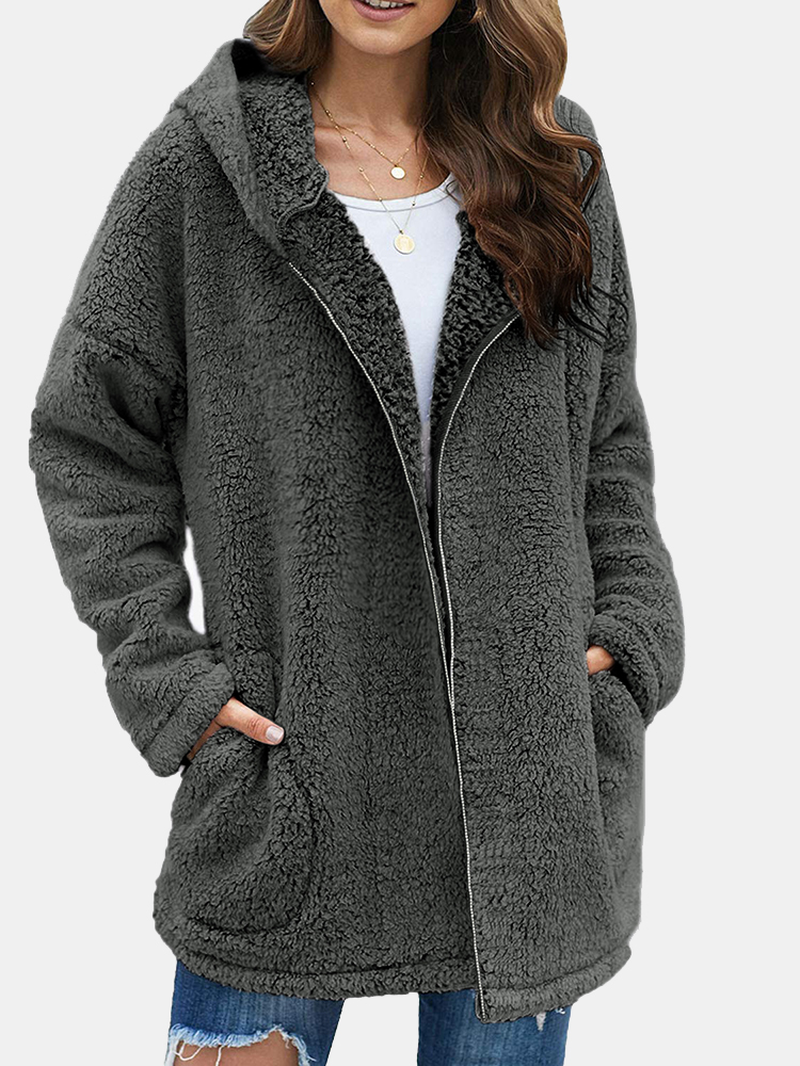 Women Fluffy Solid Full Zipper Hood Side Pocket Long Sleeve Warm Casual Hooded Sweatshirts dylinoshop