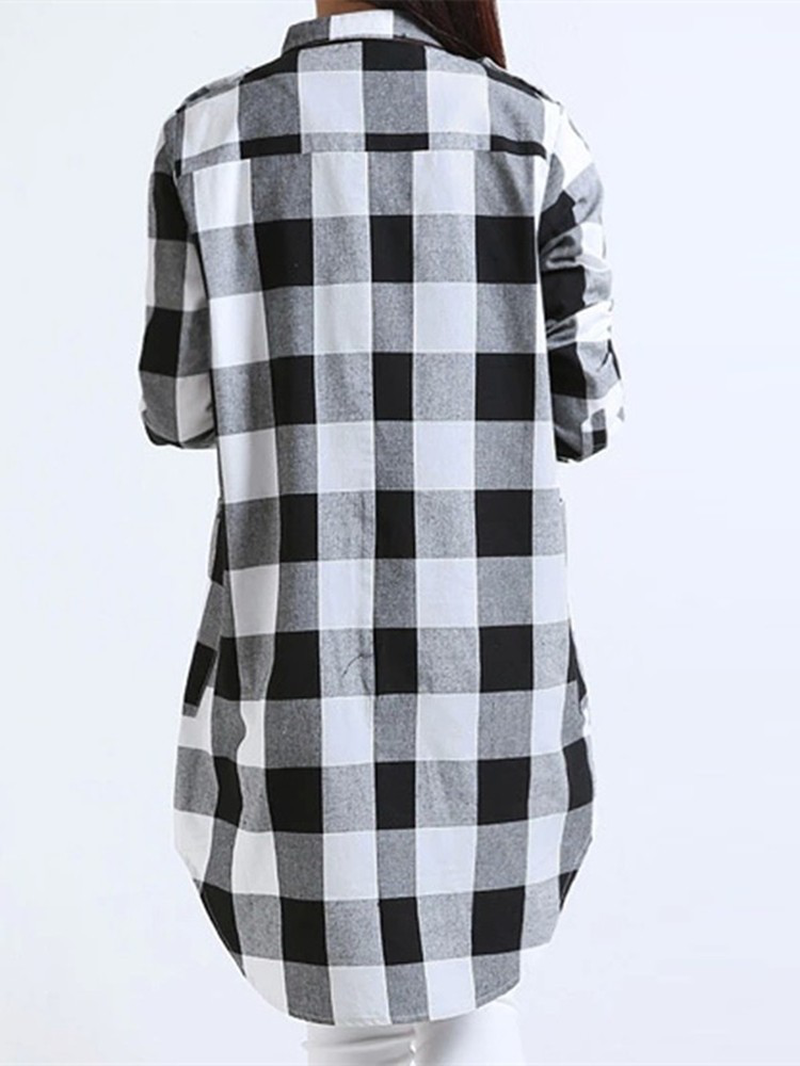 Women Casual Long Sleeve Plaid Loose Pocket Button Long Blouses dylinoshop