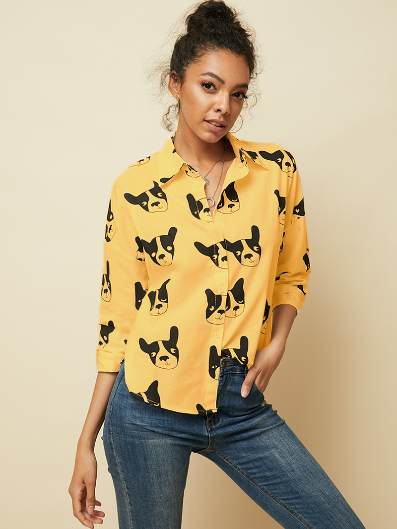 Cartoon Dog Animal Print Button down Long Sleeve Irregular Hem Casual Blouse for Women dylinoshop