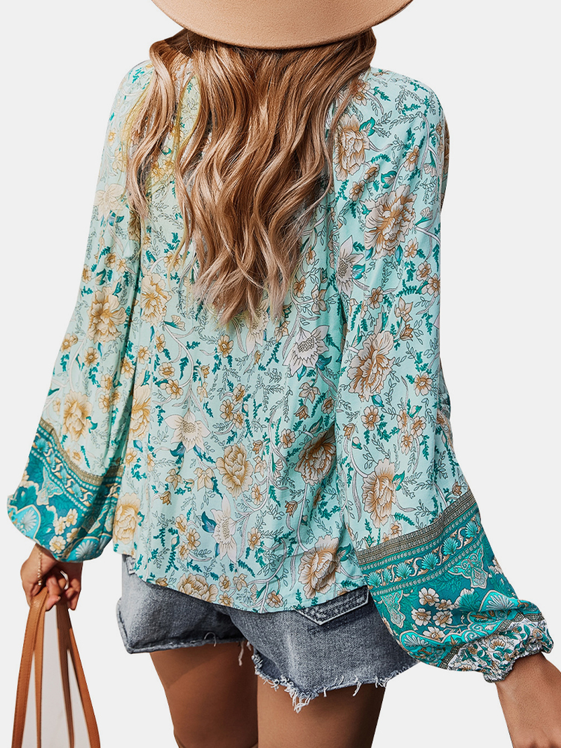 Women Vintage Floral Print V-Neck Holiday Long Sleeve Blouse dylinoshop