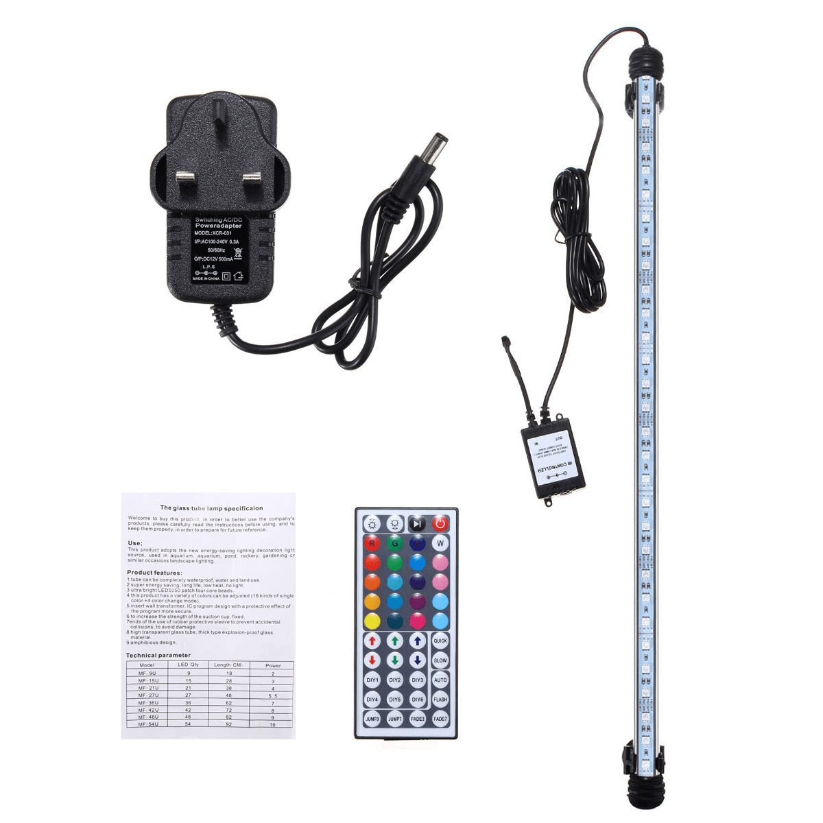 53CM RGB LED Aquarium Fish Tank Light IP68 Color Changing Bar Submersible Lamp + Remote Control AC110-240V MRSLM