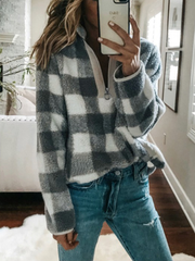 Women Fleece Plaid V-Neck Half Zip Casual Long Sleeve Sweatshirts dylinoshop