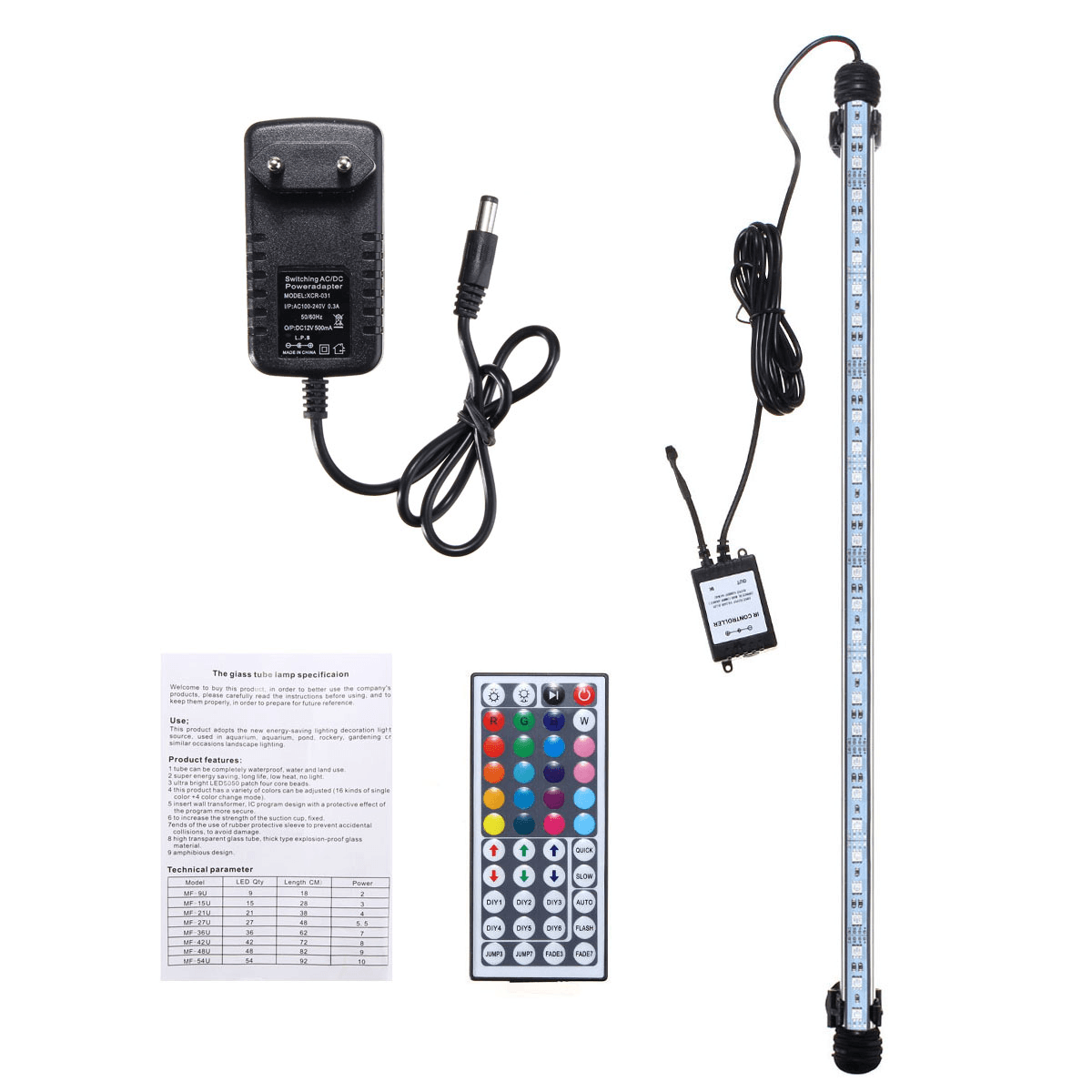 53CM RGB LED Aquarium Fish Tank Light IP68 Color Changing Bar Submersible Lamp + Remote Control AC110-240V MRSLM