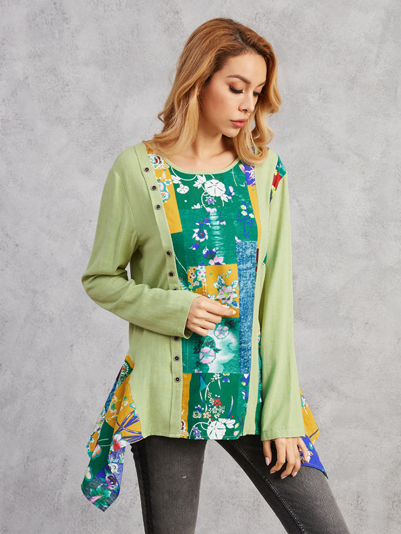 Floral Print Irregular Hem Patchwork Long Sleeve O-Neck Blouse dylinoshop