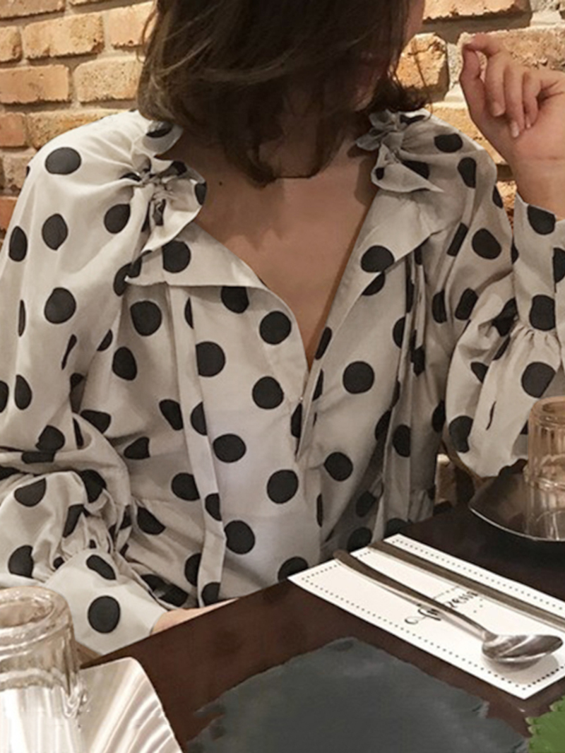 Polka Dots Printing Lantern Sleeve Neckline Bow Tie Casual Blouse for Women dylinoshop