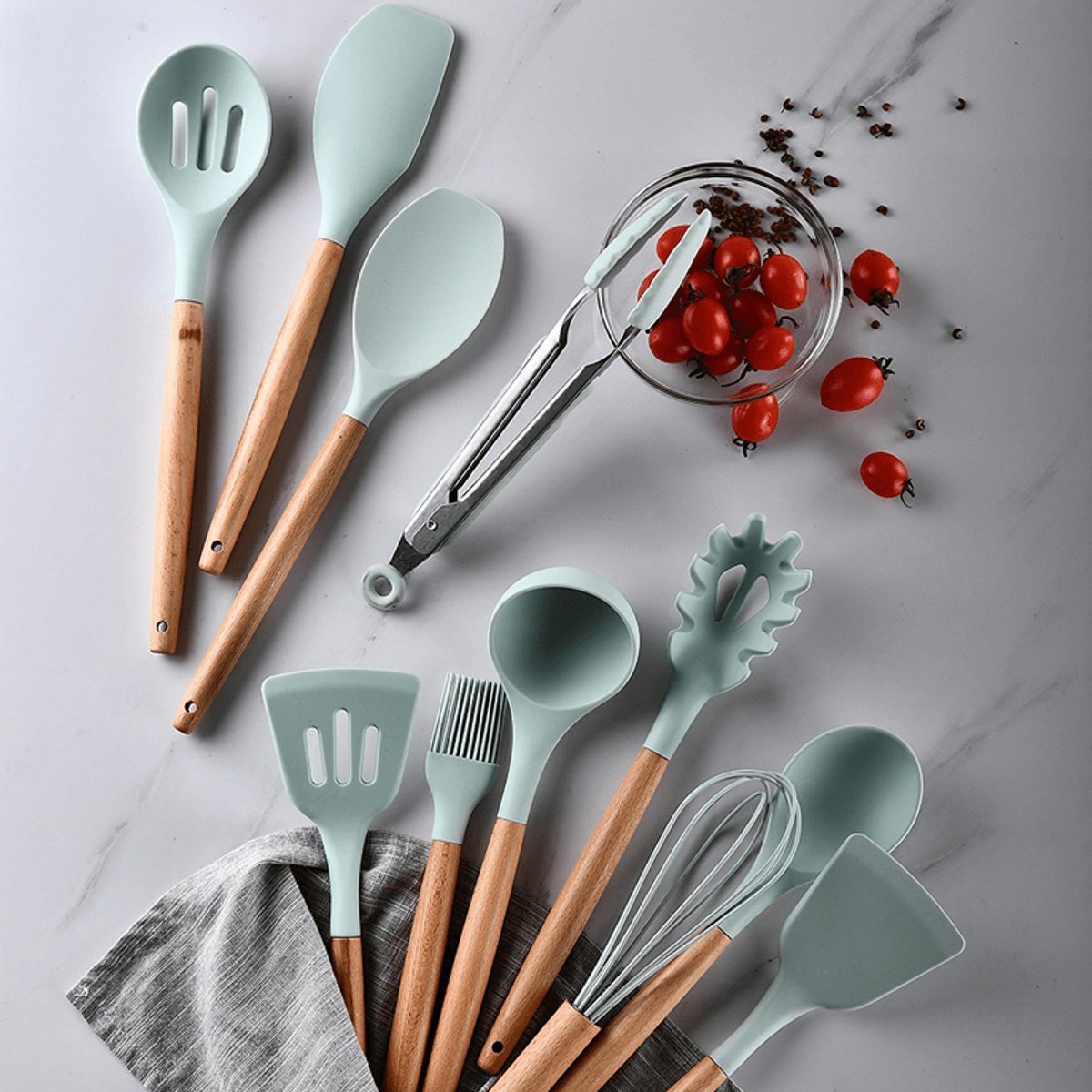 12Pcs Wooden Silicone Kitchen Utensil Nonstick Cooking Tool Spoon Soup Ladle Turner Spatula Tong Cookware Baking Gadget dylinoshop