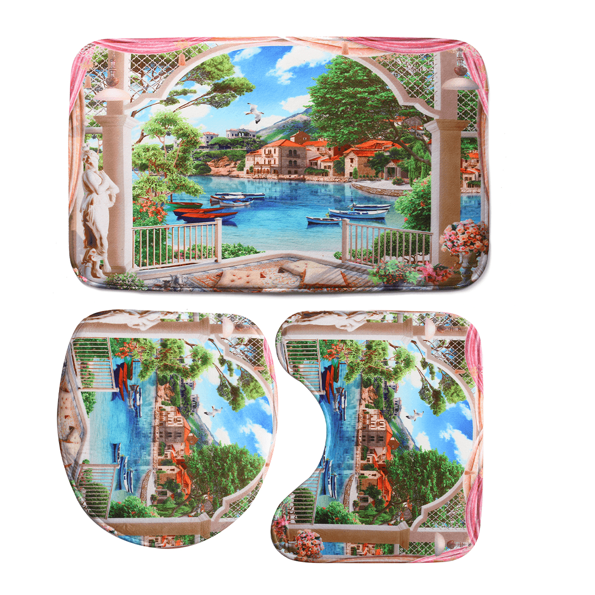 1/3Pcs Bathroom Shower Curtain Mediterranean Sea Printing Set Toilet Cover Mat dylinoshop