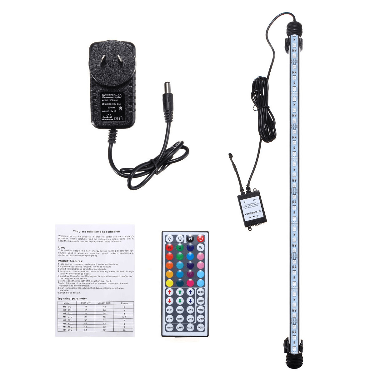 53CM RGB LED Aquarium Fish Tank Light IP68 Color Changing Bar Submersible Lamp + Remote Control AC110-240V MRSLM