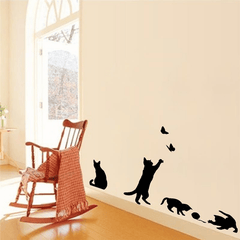 Cat Play Butterflies Wall Sticker Removable Decoration Decals for Bedroom Kitchen Living Room Walls MRSLM