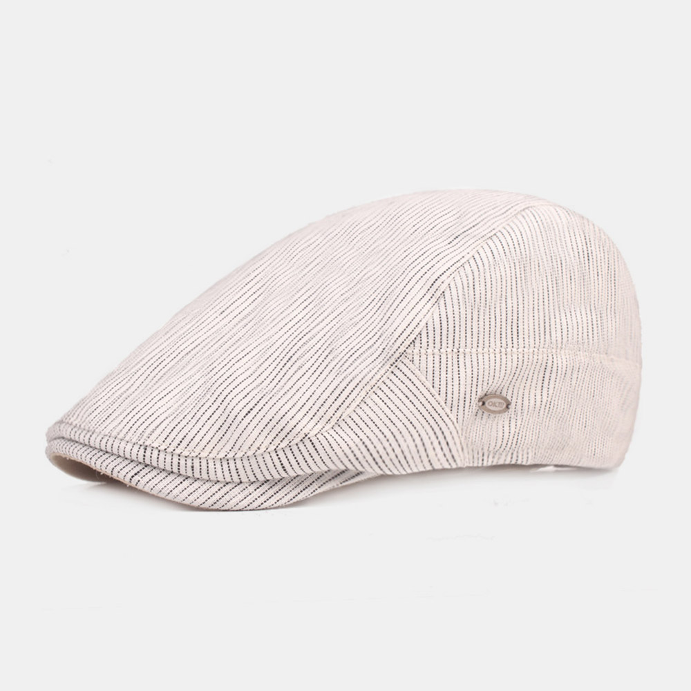 Men Cotton Linen Beret Cap Striped Pattern Casual Sunshade Forward Cap Flat Hat dylinoshop