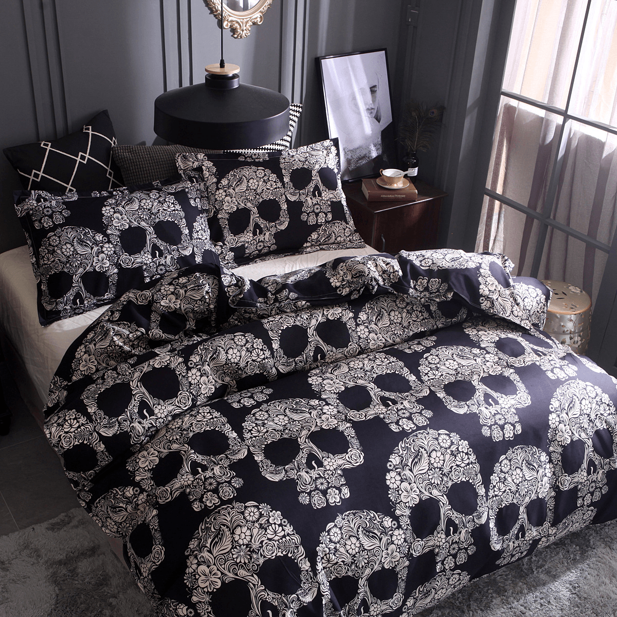 Black White Skull Printed Quilt Cover Pillowcase Halloween Style Bedding Sets MRSLM