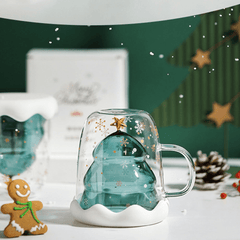 XH-121 300ML Innovative Christmas Tree Mark Cup Double-Layer Borosilicate Glass Transparent Coffee Cup for Family Parties and Bars Christmas Gift MRSLM