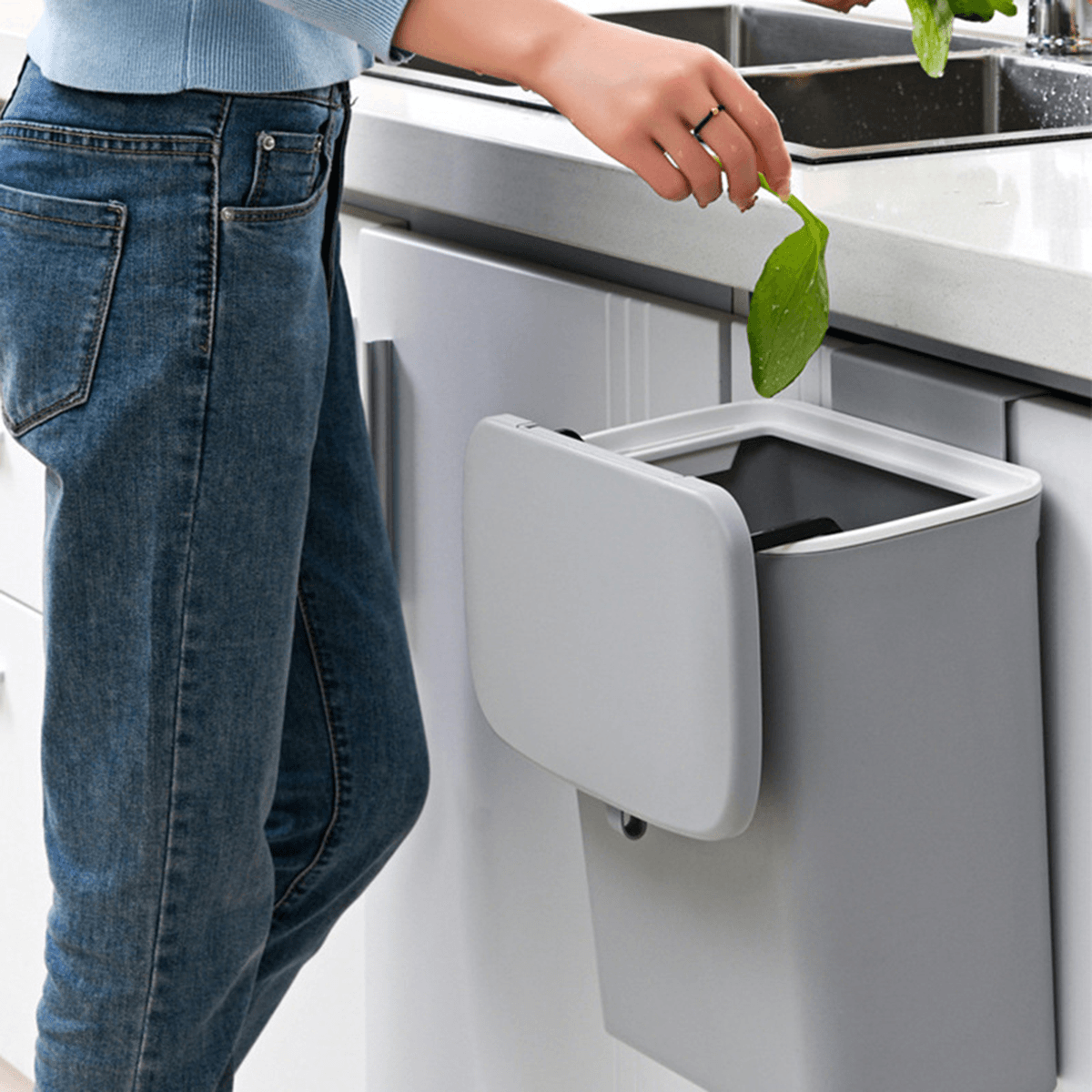 9L Cabinet Door Hanging Trash Can Slide Cover Garbage Bin Waste Storage for Kitchen Bedroom MRSLM