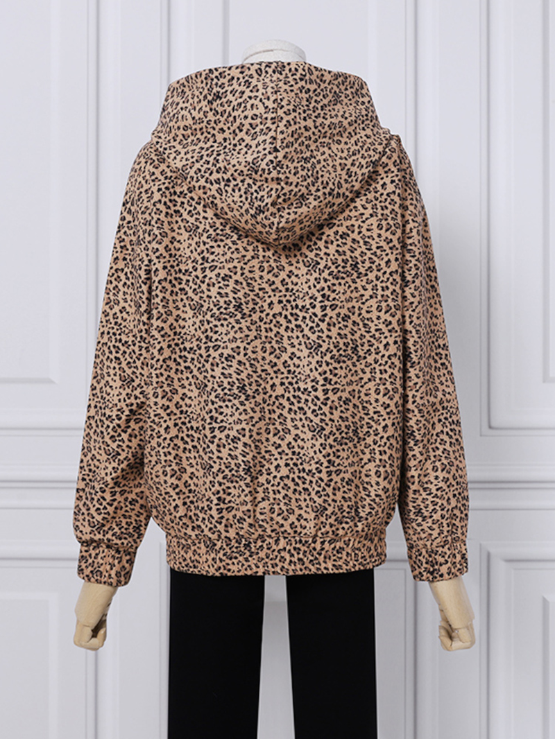 Women Leopard Printed Front Pocket Full Sleeve Hooded Collar Casual Sweatshirt dylinoshop