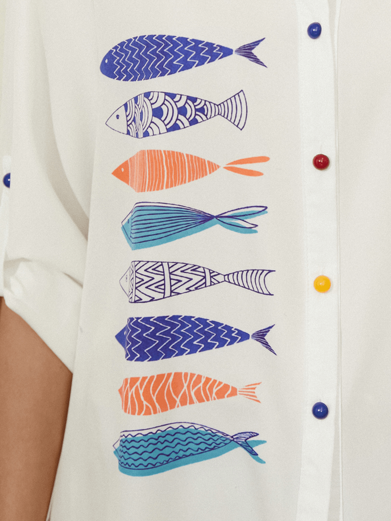 Fish Print Colorful Button Stand Collar Casual Long Sleeve Shirts for Women dylinoshop