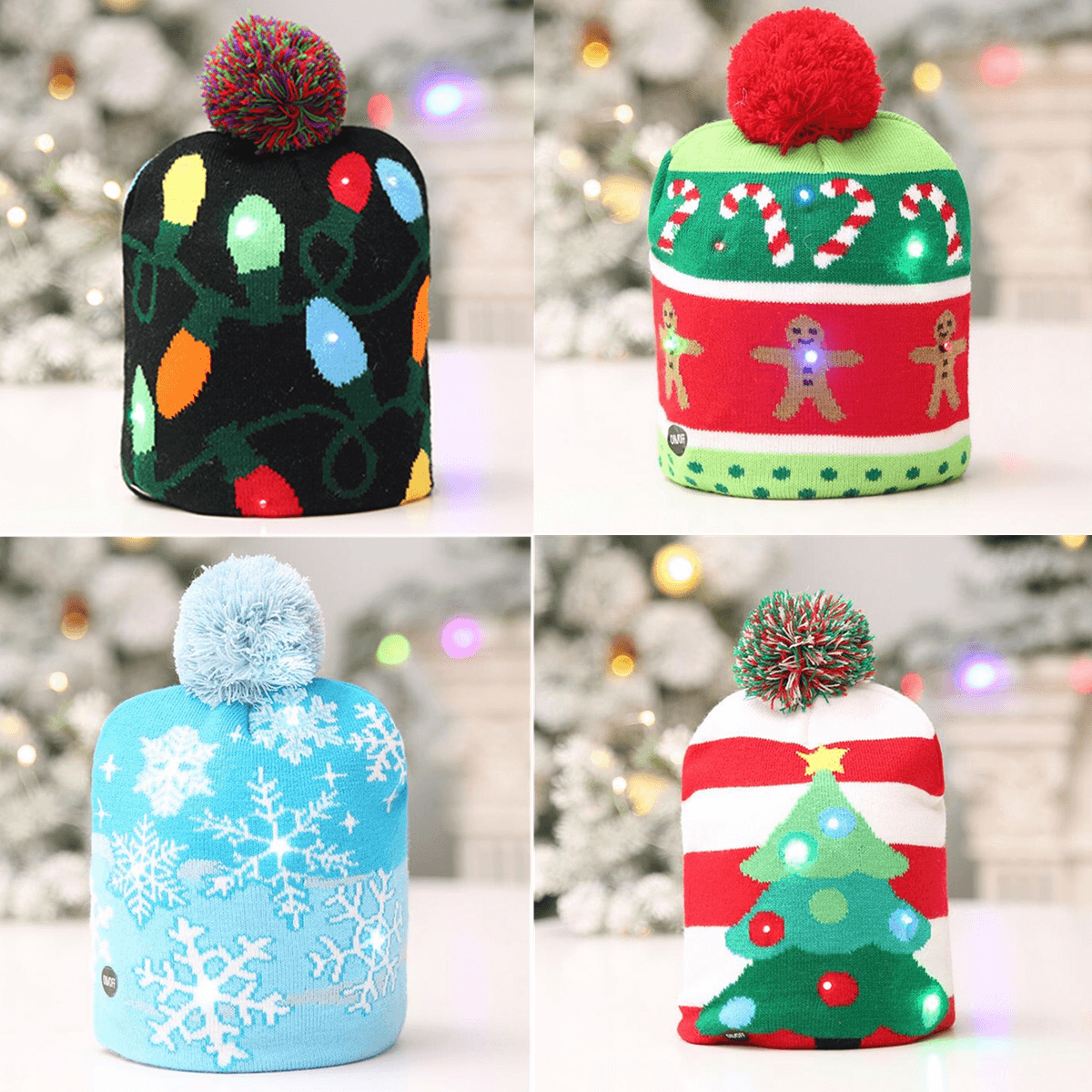 Christmas LED Light Winter Warm Beanie Cap Santa Claus Snowflake Knitted Hat MRSLM