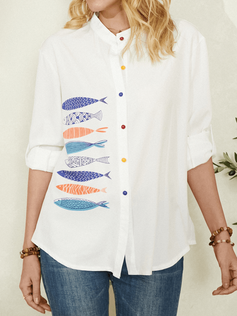 Fish Print Colorful Button Stand Collar Casual Long Sleeve Shirts for Women dylinoshop