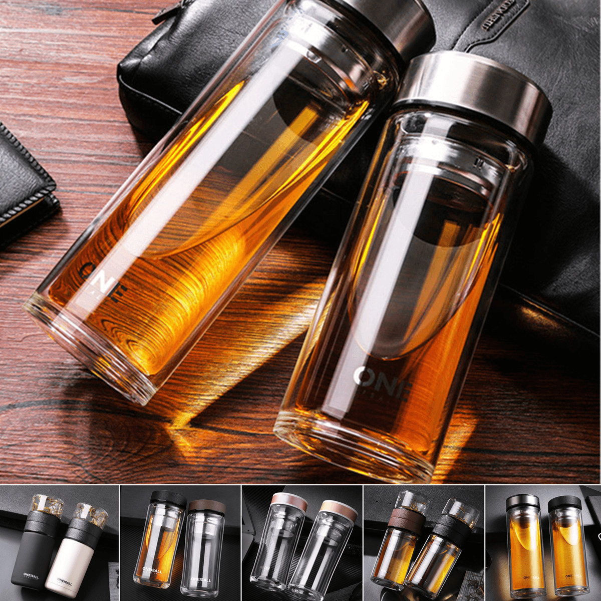 800/1000ML Glass Juice Water Bottle Double Walled Tea Infuser Mug with Travel Sleeve Water Bottles MRSLM