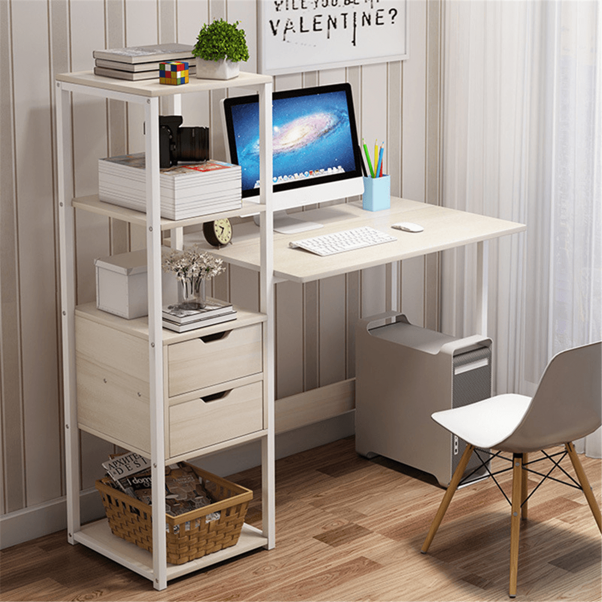 Computer Laptop Desk 47 Inch Writing Study Table Bookshelf Desktop Multifunction Desktop Workstation with Storage Racks & 2 Drawers Home Office Furniture MRSLM