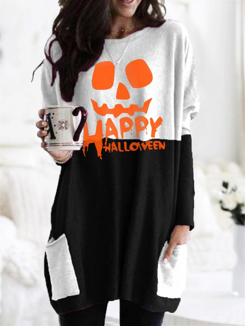 Women Halloween Patchwork Letter Printed Casual Mid-Length Sweatshirts with Pockets dylinoshop