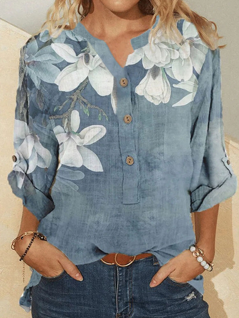 Women Cotton Floral Embroidery Casual Stand Collar Shirt dylinoshop