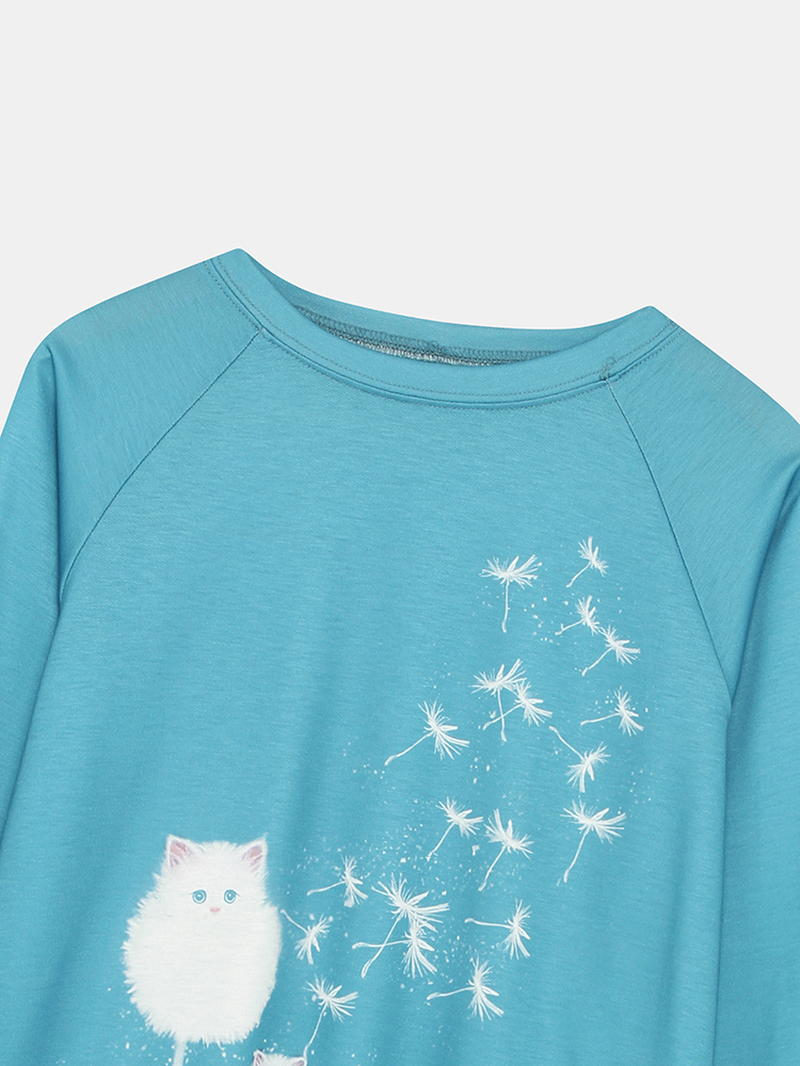 Women Cute Cat Dandelions Print round Neck Long Sleeve Casual Sweatshirt dylinoshop